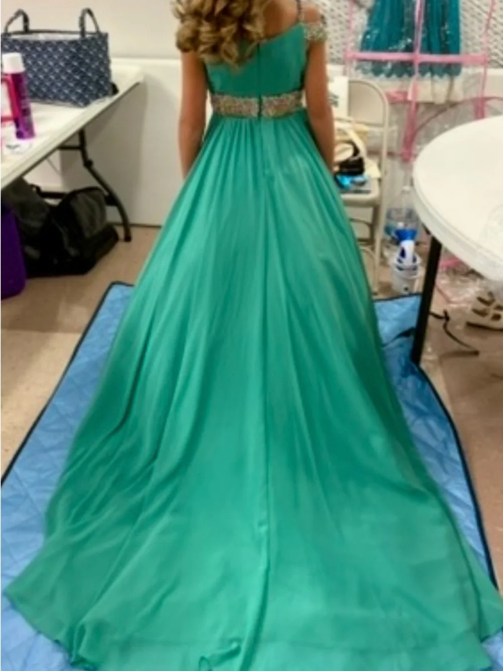 Teal Beaded Waist Prom Gown